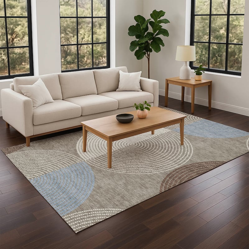 Machine Washable Indoor/ Outdoor Casual Circles Chantille Rug
