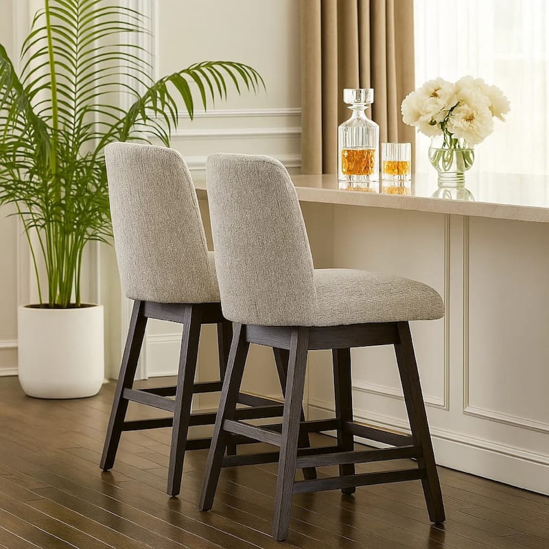 Haus Swivel Counter Height Chair Set of 2, Beige Foam Seats, Dark Brown