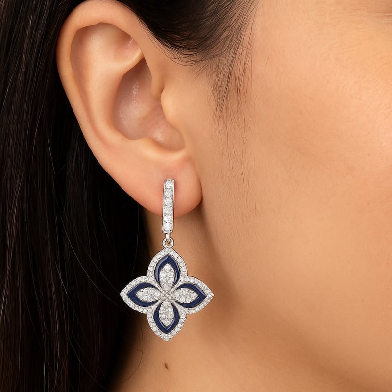 Rhodium Flower Enamel and CZ Drop Earring - 1.25" Long