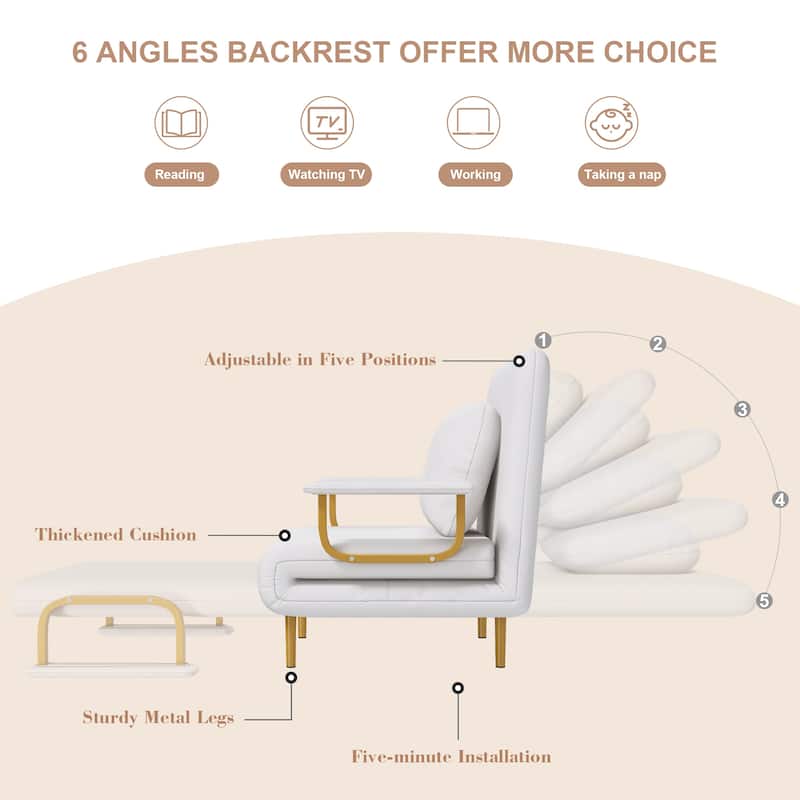 Convertible Sofa Bed with 5-Position Backrest & Storage