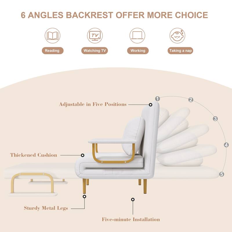 Folding Sofa Bed 3-in-1 Convertible Chair, Lounge Chair with 5-Position Adjustable Backrest, Sleeper Bed with Pillow