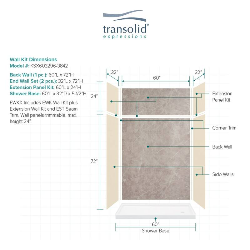 Transolid Expressions 60-in X 32-in X 96-in Glue to Wall Shower Kit - 32" x 60" x 96" - 32" x 60" x 96"