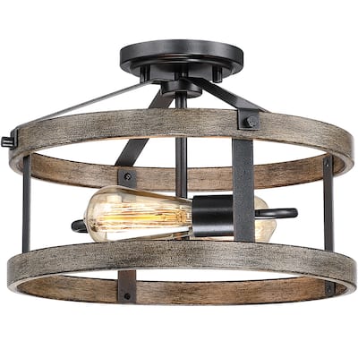 13 in. 2-Light Natural Iron and Distressed Faux Wood Industrial Farmhouse Semi-Flush Mount Ceiling Light - 9"H
