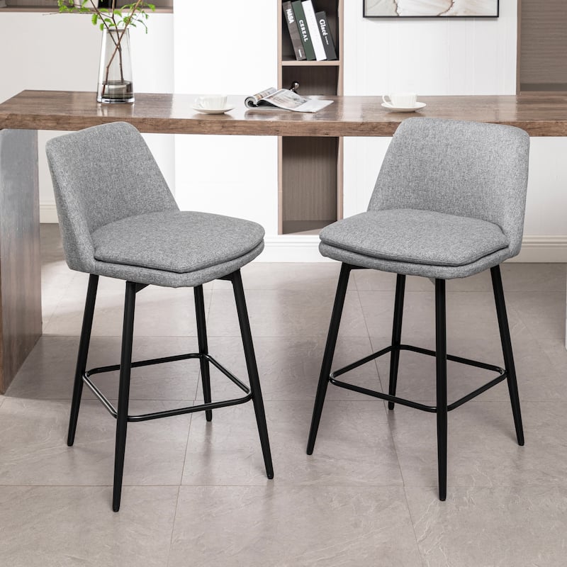 Counter Height Swivel Bar Stools Set of 2, 360°Swivel Upholstered Barstools with Back and Metal Legs, 25.6" Seat Height - Grey