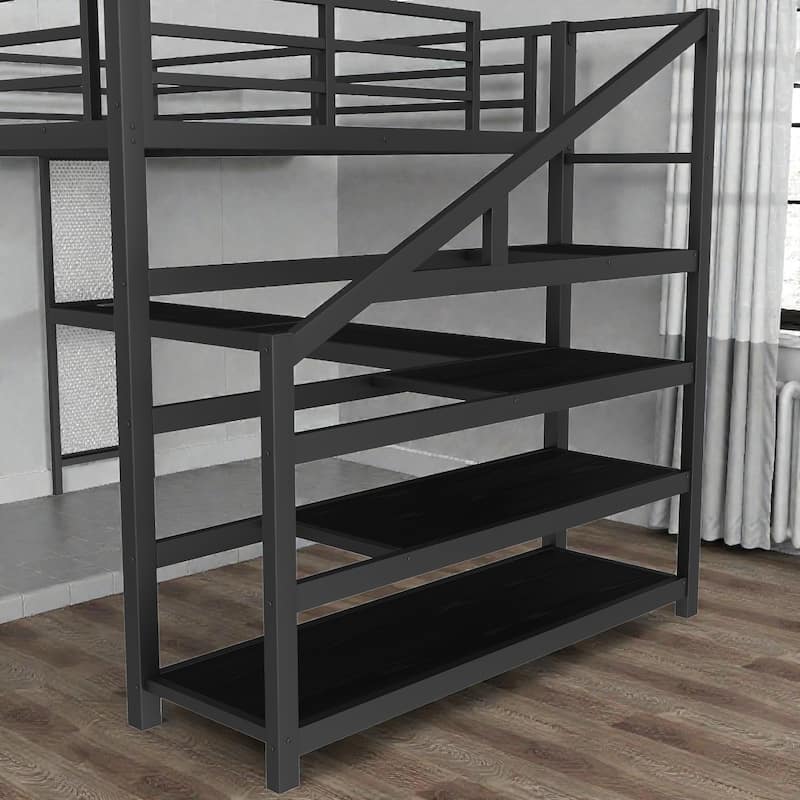 Queen Metal Loft Bed with Desk and Storage Stairs, LED Lights, USB Ports, Noise-Free Design