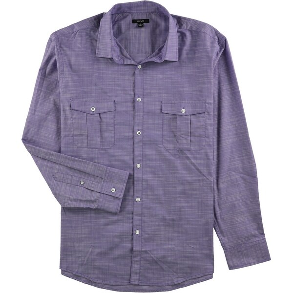 Alfani Mens Medium Twill Button Down Short Sleeve Shirt Greens