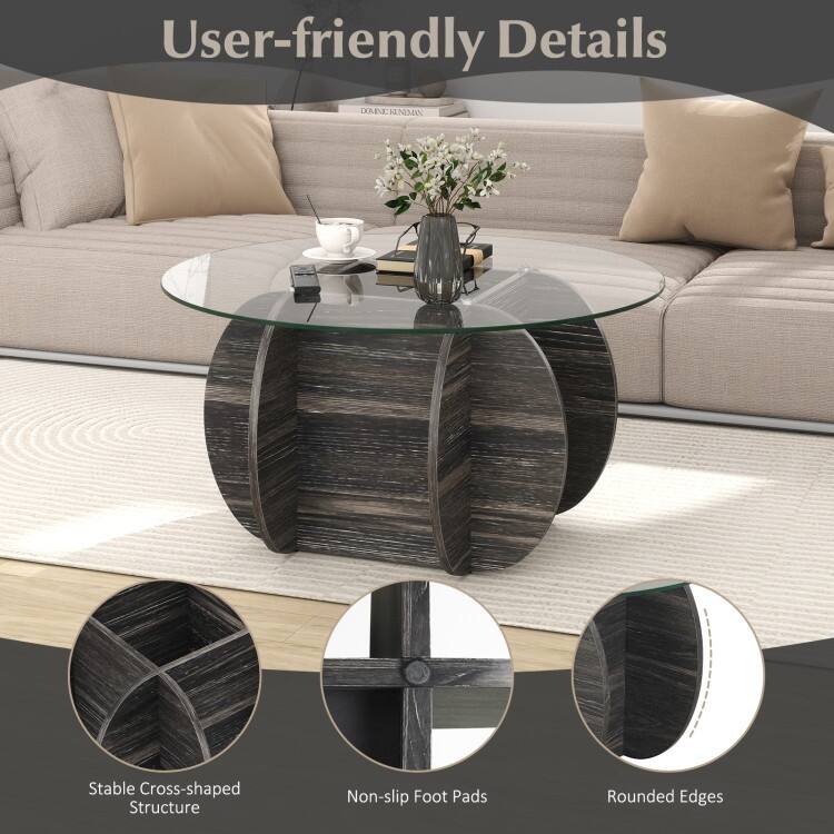 Black Tempered Glass Rubber Wood Round Coffee Table with Hidden Storage - 35" x 35" x 18"