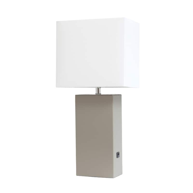 Modern Leather Table Lamp with USB and White Fabric Shade - Without Bulb - Grey