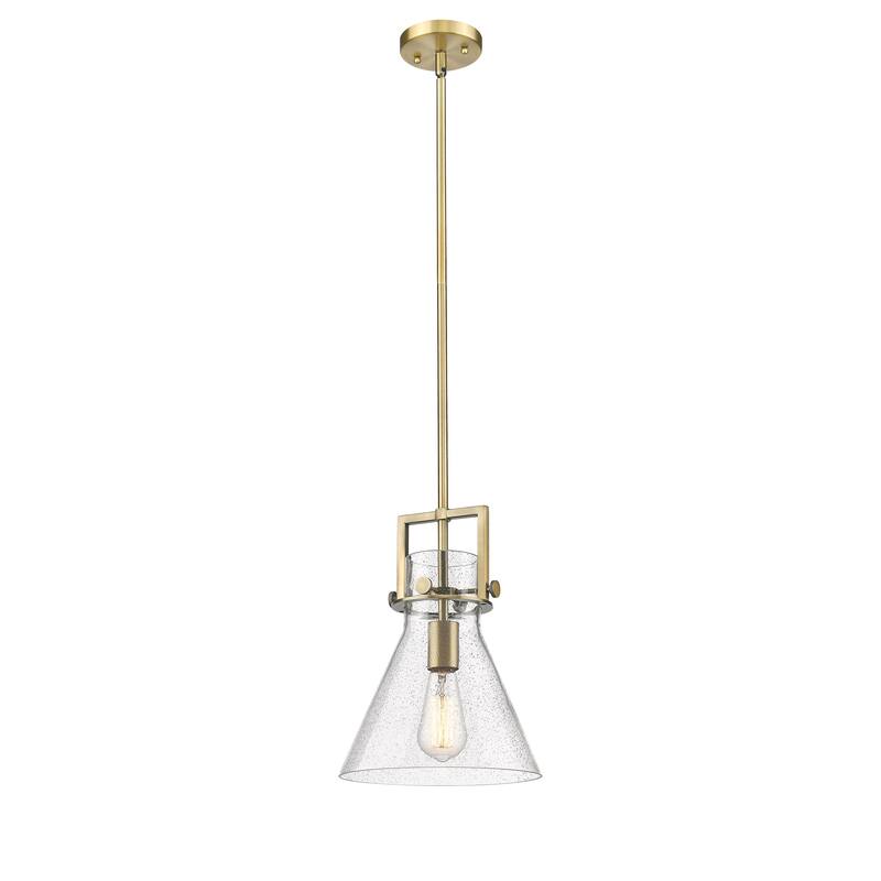 Innovations Lighting Newton Cone - 1 Light 10" Stem Hung Pendant - Brushed Brass/Seedy