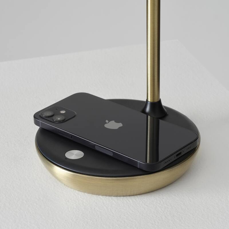 Brightech Ezra 16.5 in. Antique Brass Dimmable LED Industrial Desk Lamp with Wireless Charging Pad and Adjustable Lamp Head