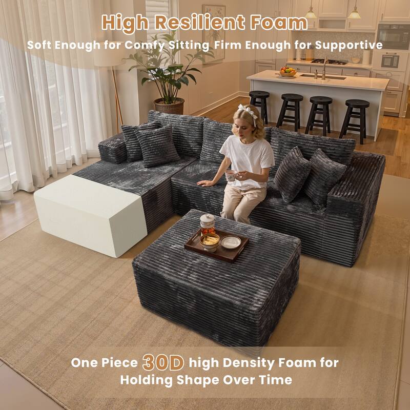 HOOOWOOO Modern Plush Corduroy L-shaped Sofa Chaise Lounge with Ottoman