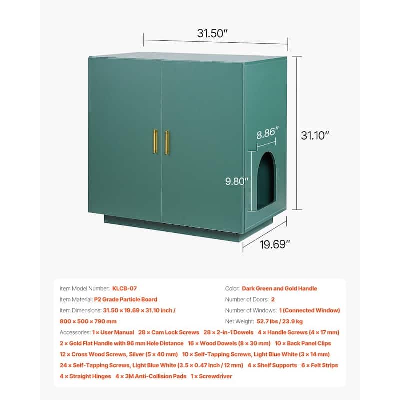 Dark Green P2 Particle Board Cat Litter Box Enclosure with Gold Handles - 31.50 × 19.69 × 31.10 inch