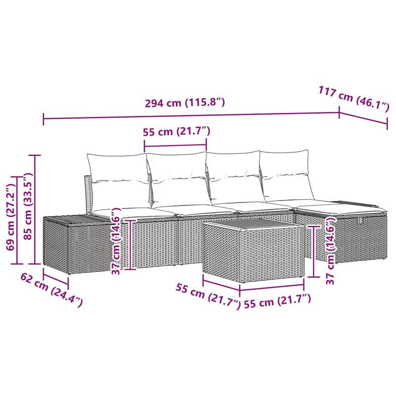 vidaXL 6 Garden Sofa Set with Cushions Black/Grey Poly Rattan - 115.8 x 46.1 x 27.2