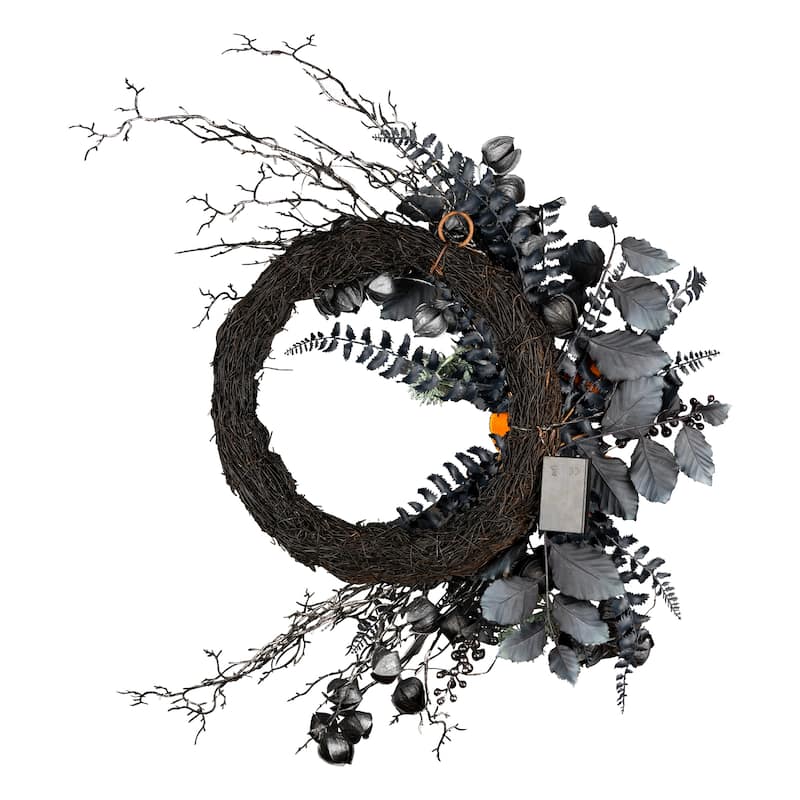 National Tree Company 20" Artificial Halloween Half Wreath with Pumpkins, 30 Warm White LED Lights, Battery Operated - 20 in