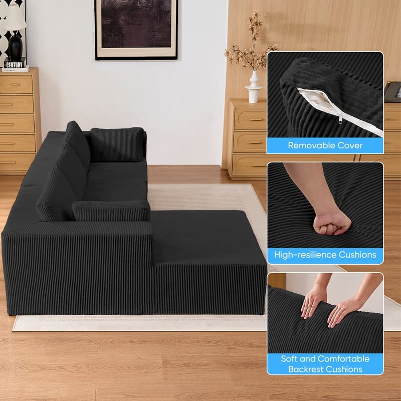 Mixoy 3-Pcs Free Combination Modular Sectional Sofas,Corduroy Compressed L-Shaped Sofa with Flexible Configuration - 3-Seater