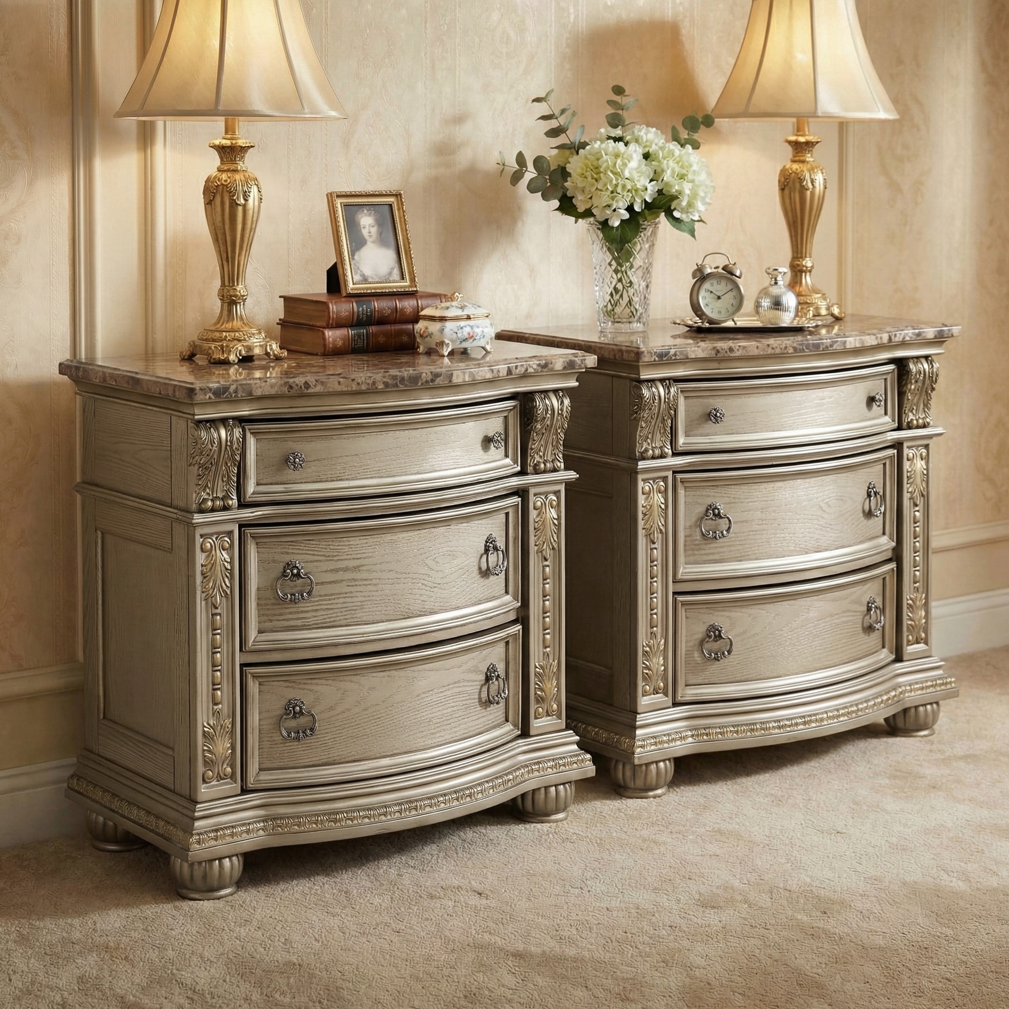 Furniture of America Etane Traditional Gold Champagne Genuine Marble Top 3-Drawer Nightstand (Set of 2)