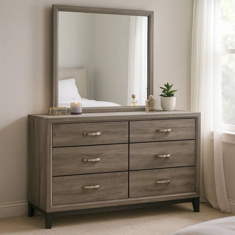 Mela 2pc Wide Dresser and Mirror Set, 6 Drawers, Gray Oak Wood