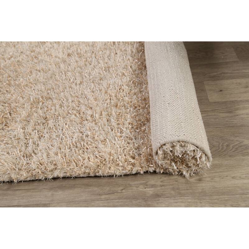 Hand Knotted Oriental Polyester Carpet Modern Contemporary Beige & Ivories Shaggy Area Rug - 7' 5'' X 5' 3''