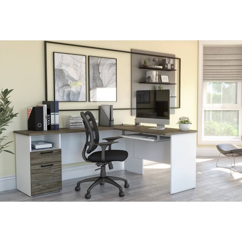 Bestar Norma 71W L-Shaped Desk with Drawers and Keyboard Tray - Walnut Grey
