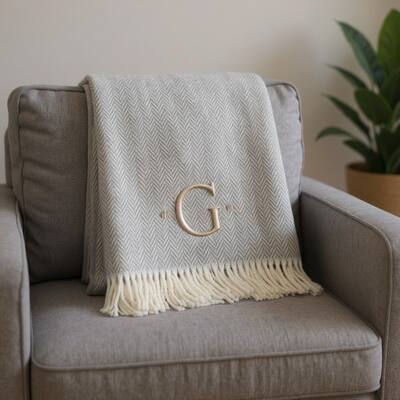 HomeRoots 55" X 70" Gray And White Herringbone Cotton Blend G Initial Throw Blanket with Tassels And Embroidery