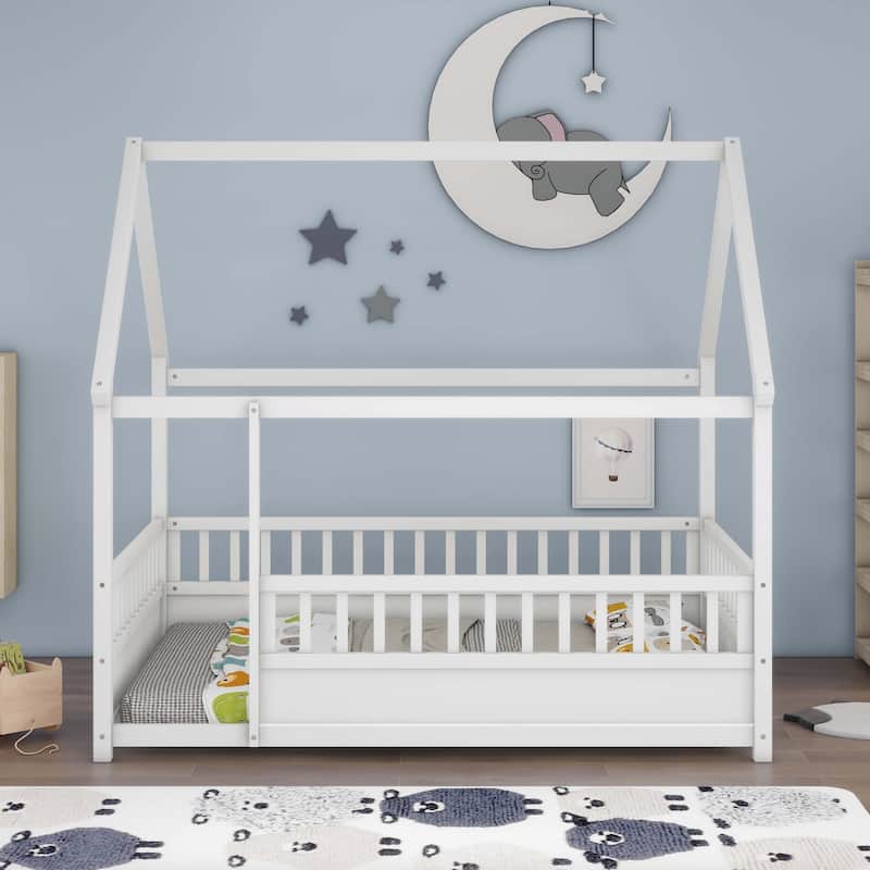 Full Size Floor Wooden Bed with Fence Guardrails