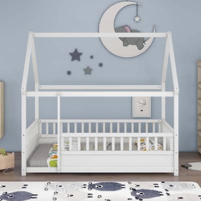 Full Size Floor Wooden Bed with Fence Guardrails