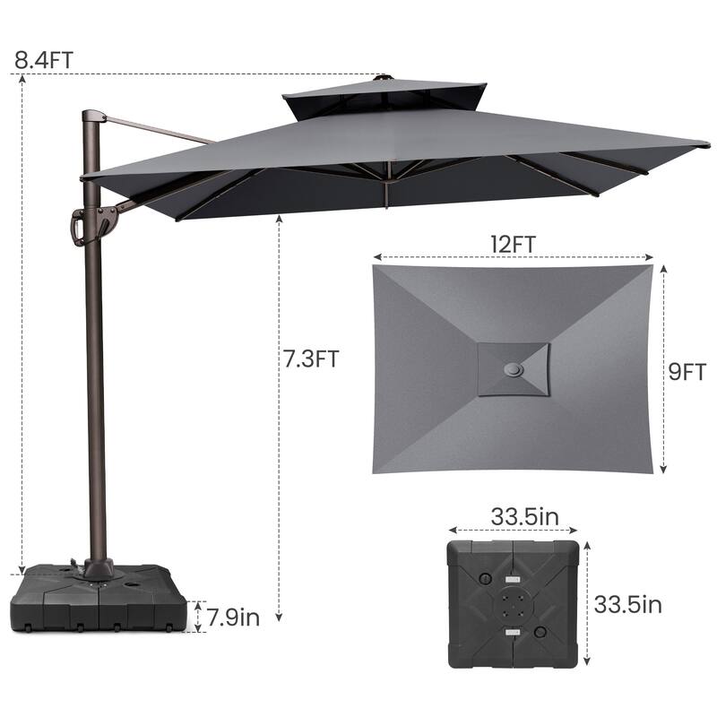 9 x 12 ft Outdoor Shade Parasol Patio Offset Cantilever Umbrella with Weights Base Stand