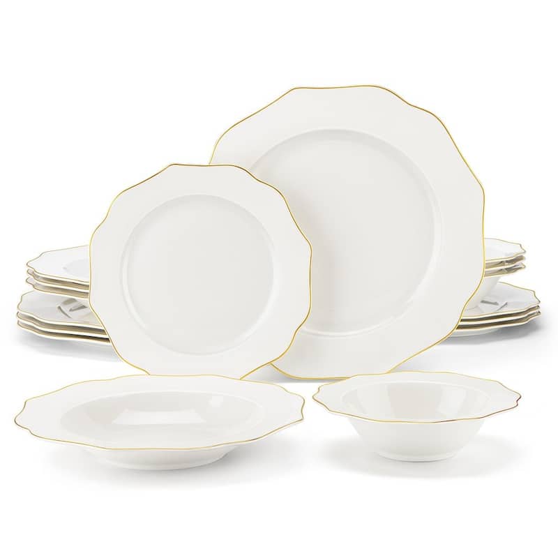 MALACASA 16-Piece New Bone China Dinnerware Set, Service for 4 - Daisy - Gold Trim
