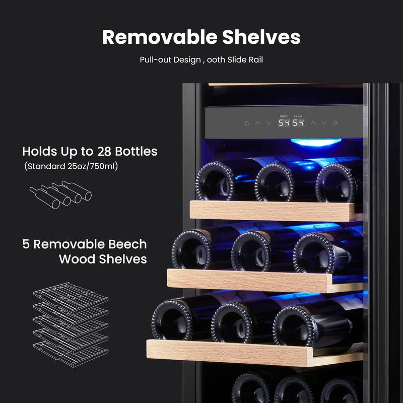 15 Inch Wine/Beverage Refrigerator Cooler 28 Bottles TWO Zones Built-in/Freestanding Wine Rack