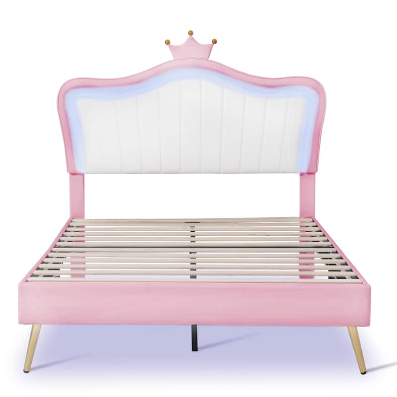 Modern Upholstered Princess Bed Frame with LED Lights and Crown Headboard