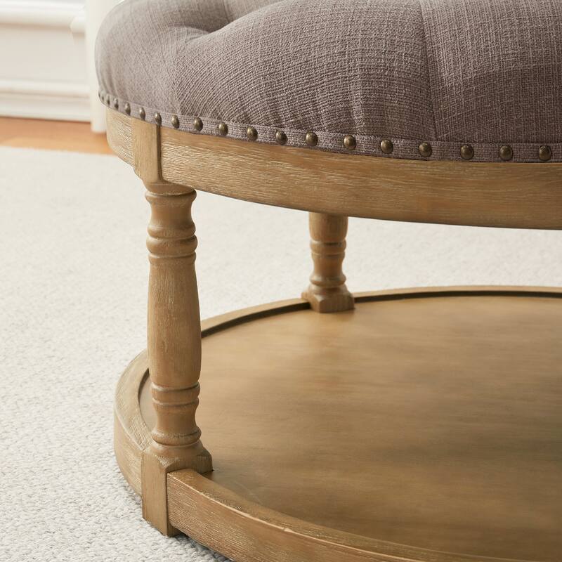 HUIMO 33in Round Upholstered Solid Wood Ottoman Coffee Table with Storage Shelf