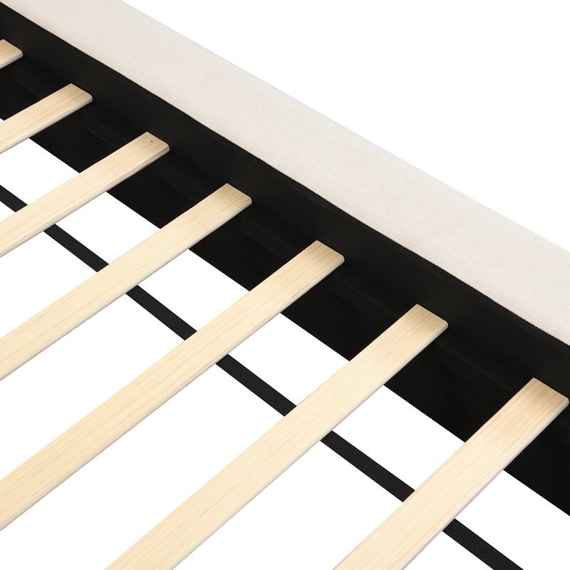 King Size Bed Frame with Thick 8" Headboard/Upholstered Platform Bed Frame/Solid Wood Support Slats/No Box Spring Needed/Beige