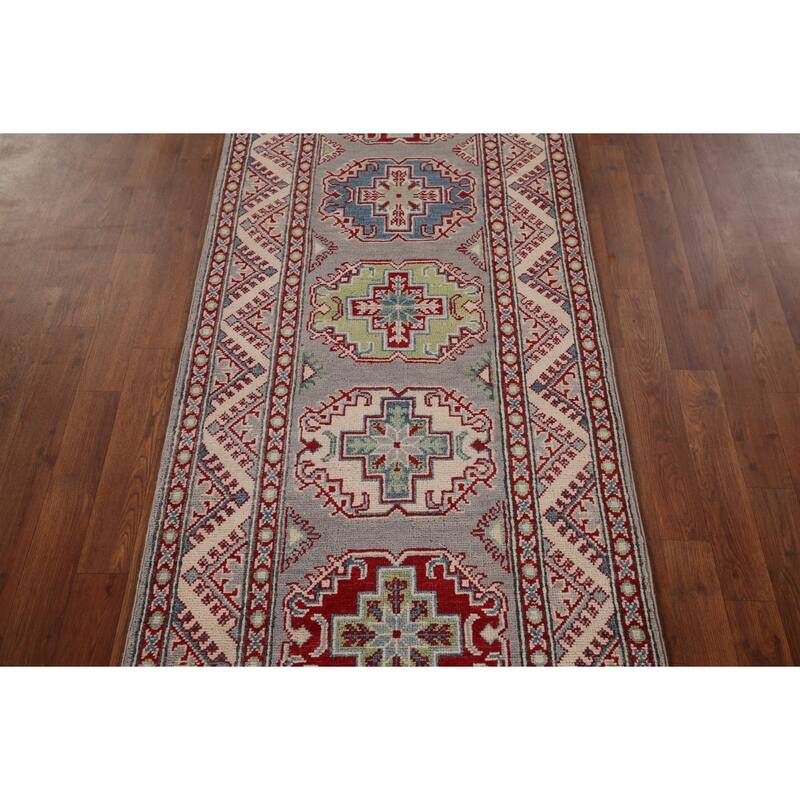 Grey Geometric Kazak Oriental Runner Rug Handmade Wool Carpet - 2'8" x 20'0"