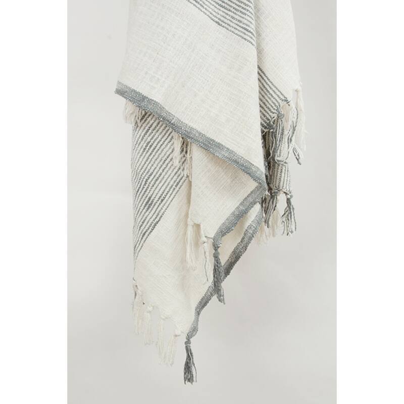 HomeRoots 50" X 60" Gray And Ivory Cotton Woven Striped Throw Blanket with Fringe