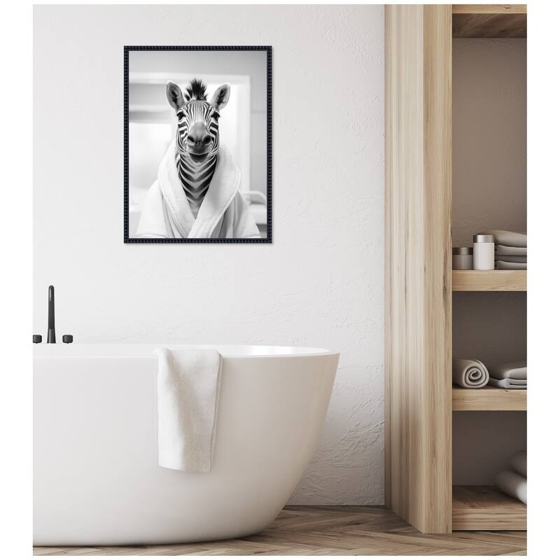 Kate and Laurel Sylvie Zebra Bathroom Art Towel Robe Black and White Framed Canvas by The Creative Bunch Studio