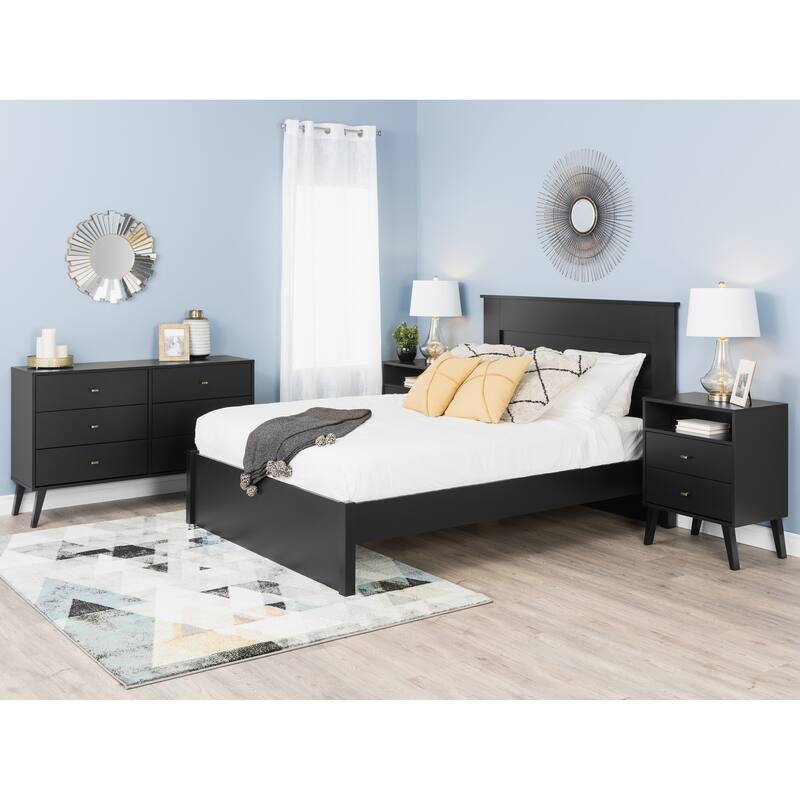 Prepac Milo Mid-Century Modern 2 Drawer Nightstand with Open Shelf, Bedside Table, Contemporary Bedroom Furniture