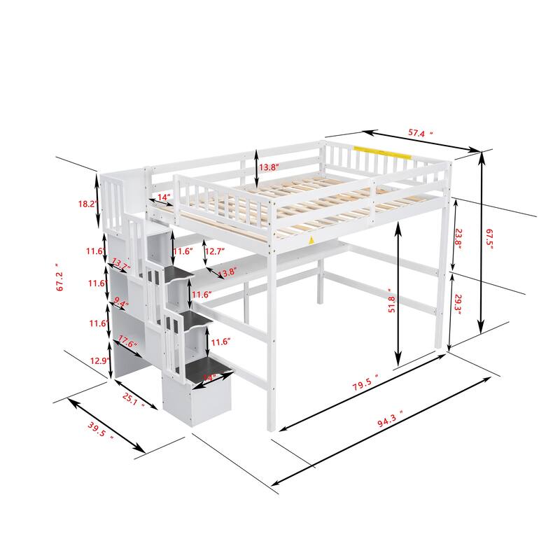 Full Size Loft Bed with Display Stand Desk Underneath, Wood High Loft Bed Frame with Storage Staircase and Storage Shelves