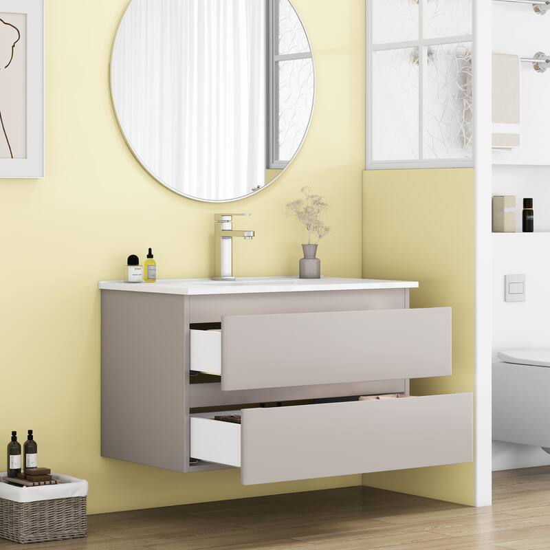 32 Inch Floating Bathroom Vanity with One-piece Ceramic Sink, Wall Mounted Cabinet with 2 Drawers