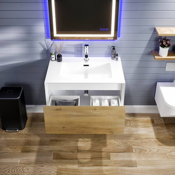 Eviva Venice 36 in. W. x 21 in. D x 22 in. H Wall Mount Bathroom Vanity in Oak and White White Acrylic Integrated Sink Top