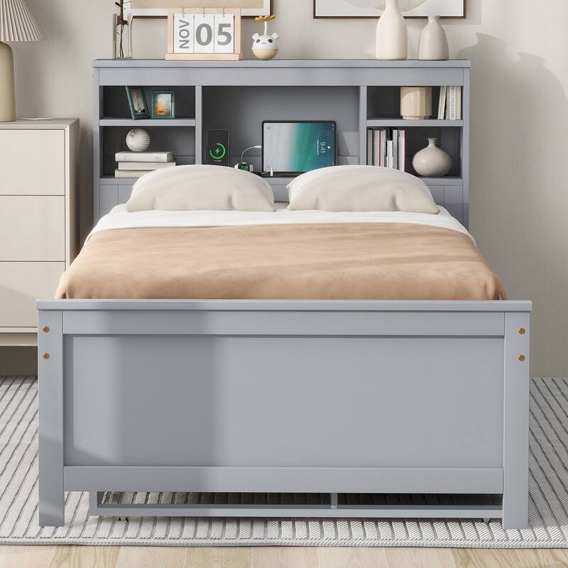 Twin Size Platform Bed with Storage Headboard, USB, Trundle, and 3 Drawers in Gray
