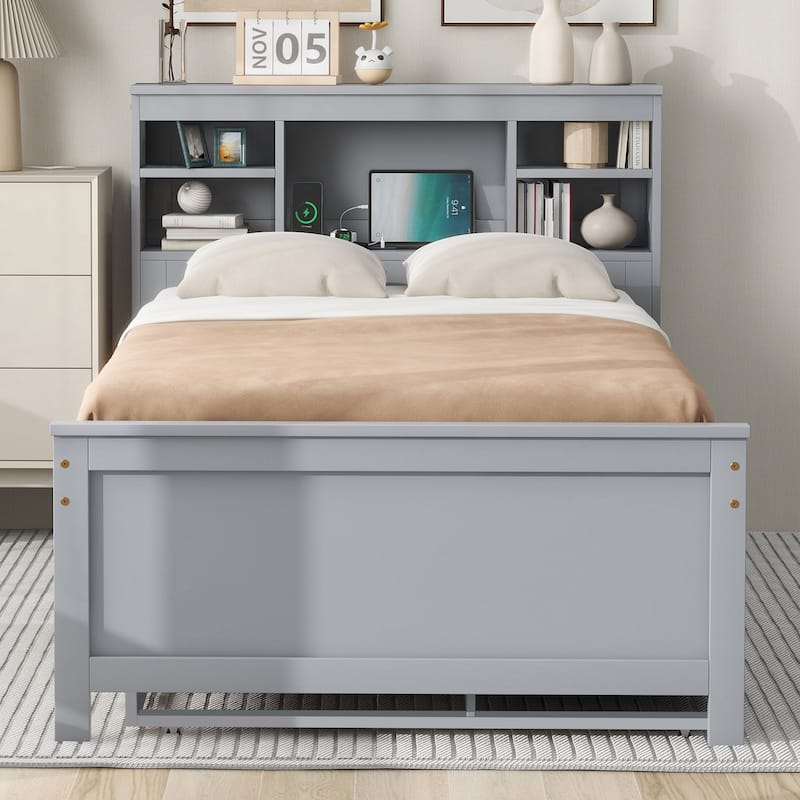 Twin Size Solid Wood Platform Bed with Storage Headboard, USB and 3 Drawers, Pull-out Trundle Bed and Daybed for Bedroom
