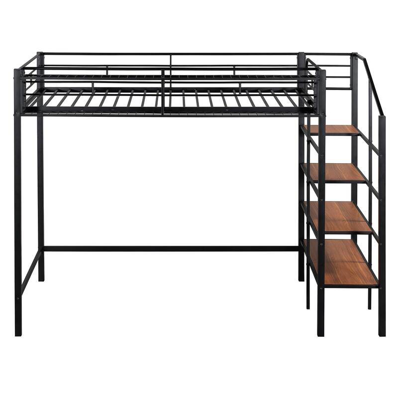 Twin Size Metal Loft Bed with Storage Shelf and Ladder, Black