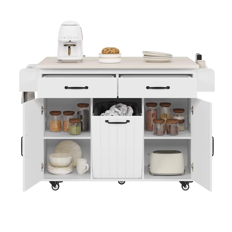 Rolling Kitchen Island with Trash Can Storage Cabinet, Kitchen Cart with Drop Leaf, Spice Rack, Towel Rack and Drawer