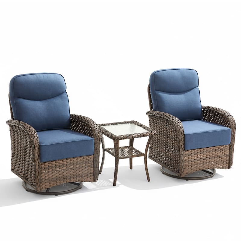Meyreso 3-Piece Wicker Patio Swivel Glider Chairs with 6-Inch Thick Cushions and Side Table