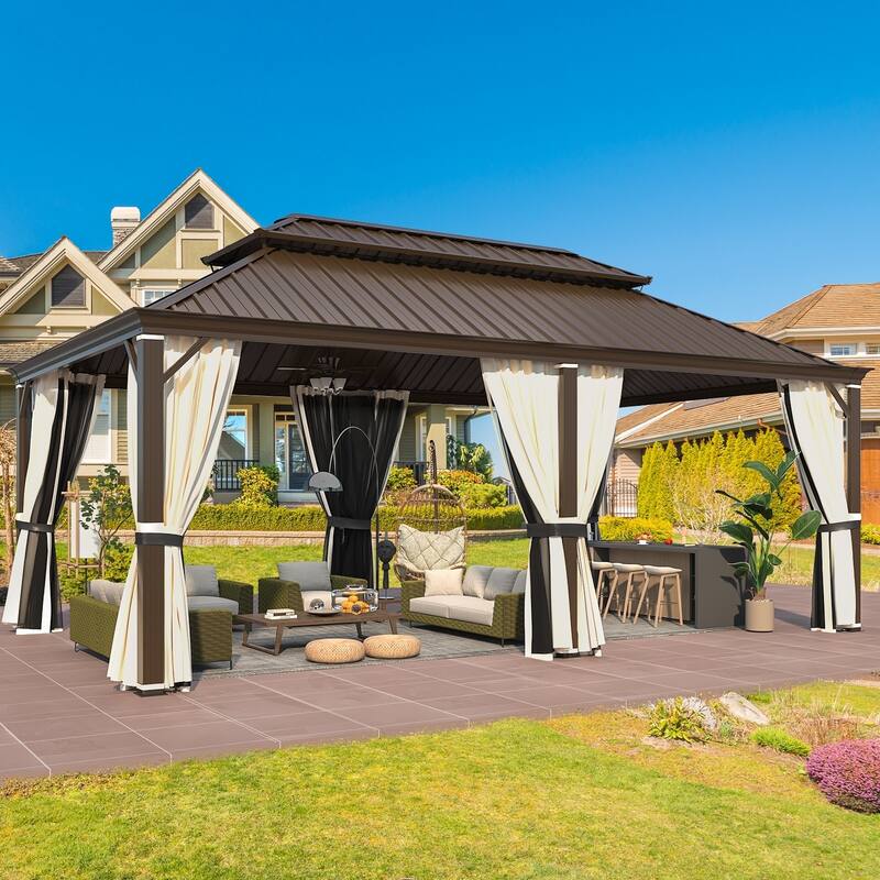 EROMMY Hardtop Patio Gazebo with Double Roof and Privacy Curtains, 12x16 FT Permanent Outdoor Metal Gazebo for Backyard, Deck
