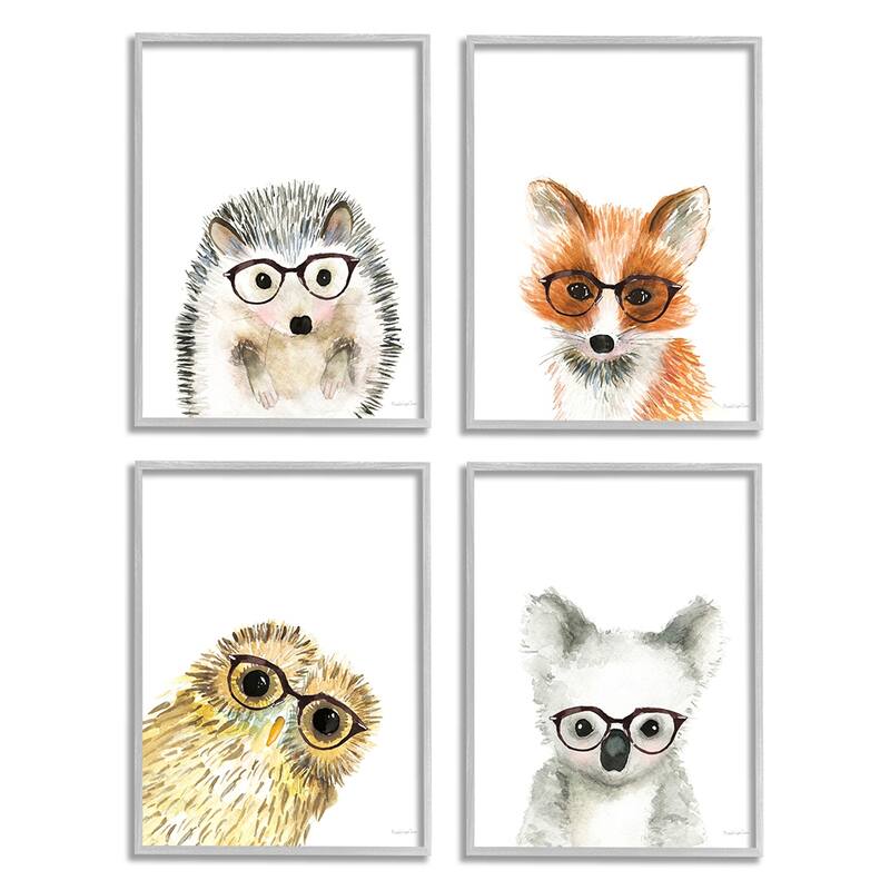 Stupell Adorable Forest Animals with Glasses Owl Fox 4pc Multi Piece Framed Wall Art Set