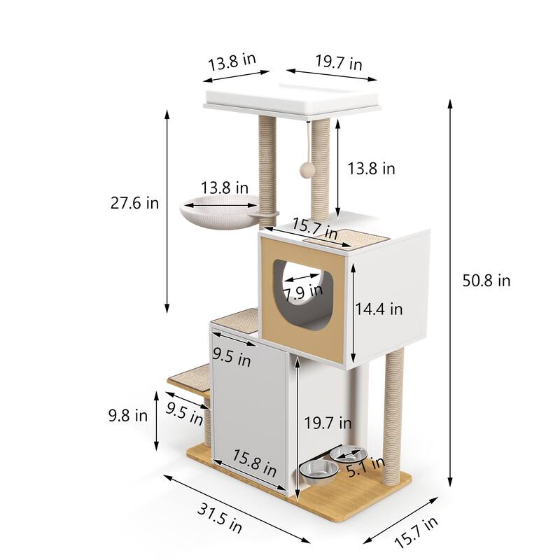 Wood Cat Tree Tower with Scratching Pads and Large Storage Space, Industrial Cat Cabinet with Shelves and Doors