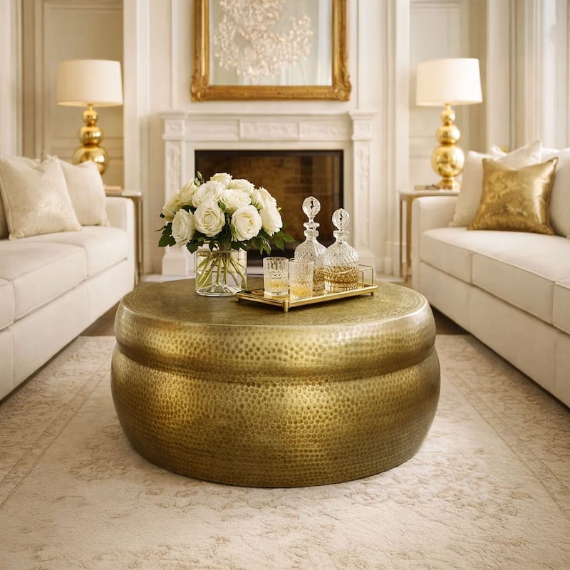 32 Inch Artisanal Round Drum Coffee Table, Hammered Embossed Texturing, Aluminum, Antique Brass