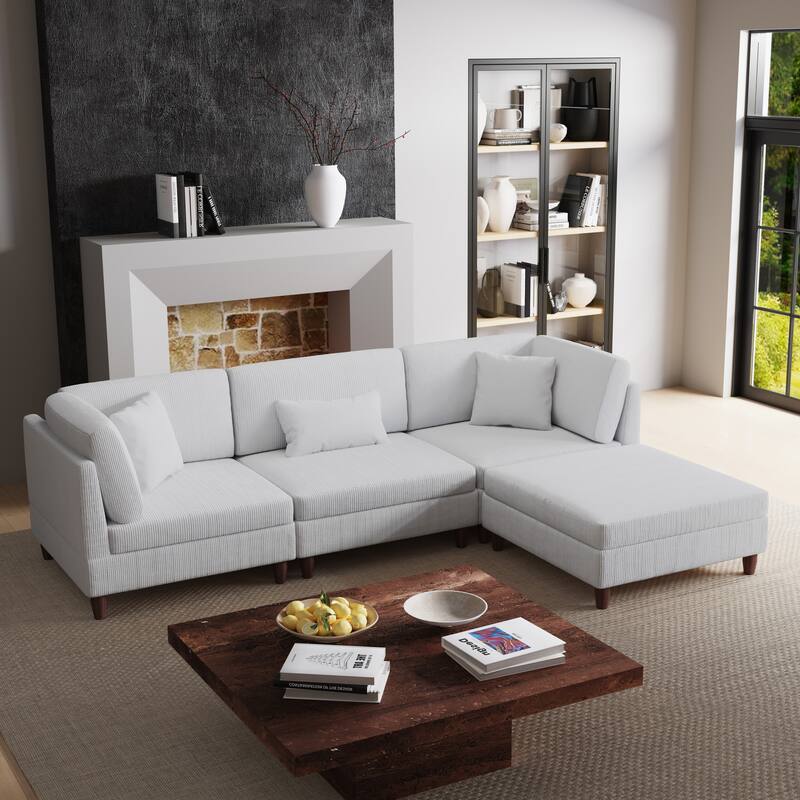 Corduroy Modular Sectional Sofa Set With Ottoman - 4 Pieces/Sea Salt Grey - Symmetrical