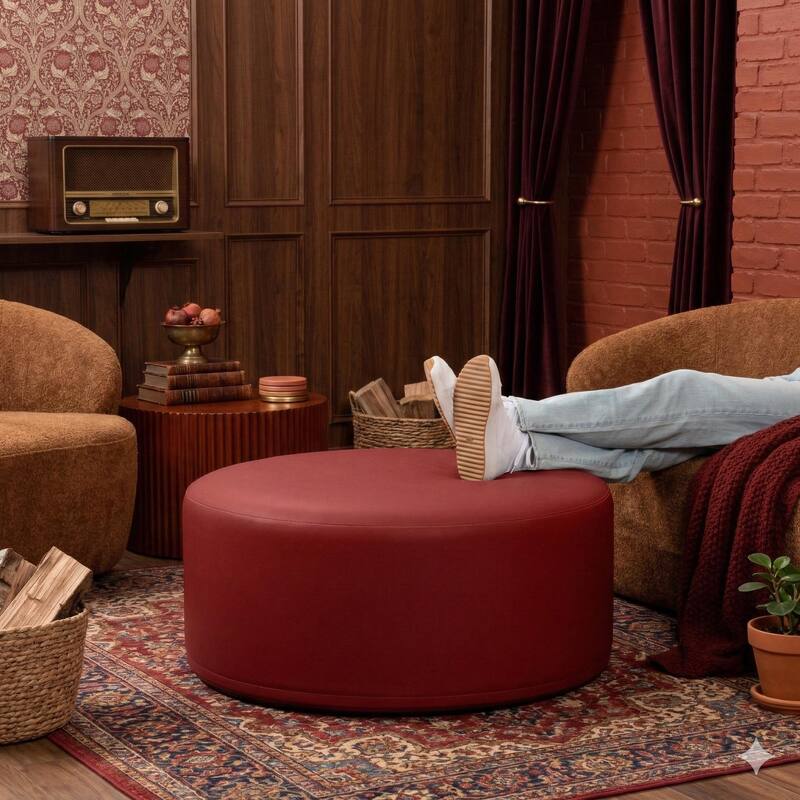 Jaxx Candler Round Couch Ottoman Large Coffee Table & Foot Rest - 36 Inch - Vegan Leather Crimson Red